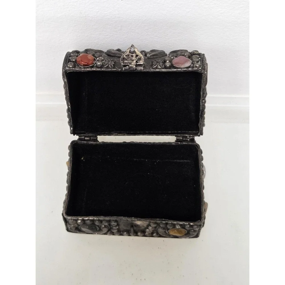 VTG India Agate Inlaid Jewelry Box Velvet Lined Trinket Wedding Box 4